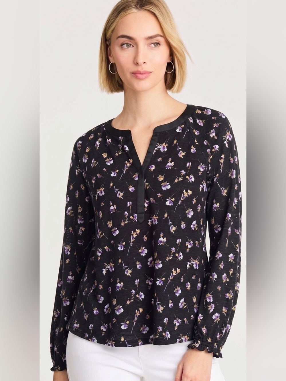 New J. Jill size S Black Floral Split-Neck Long Sleeve satin trim blouse
